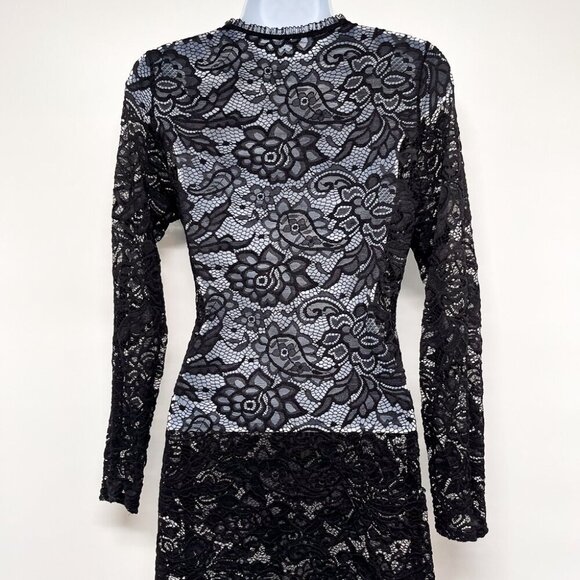 Sheer Black Floral Lace High Neck Long Sleeve Tunic Top Shirt Bodycon Fitted - Picture 5 of 9
